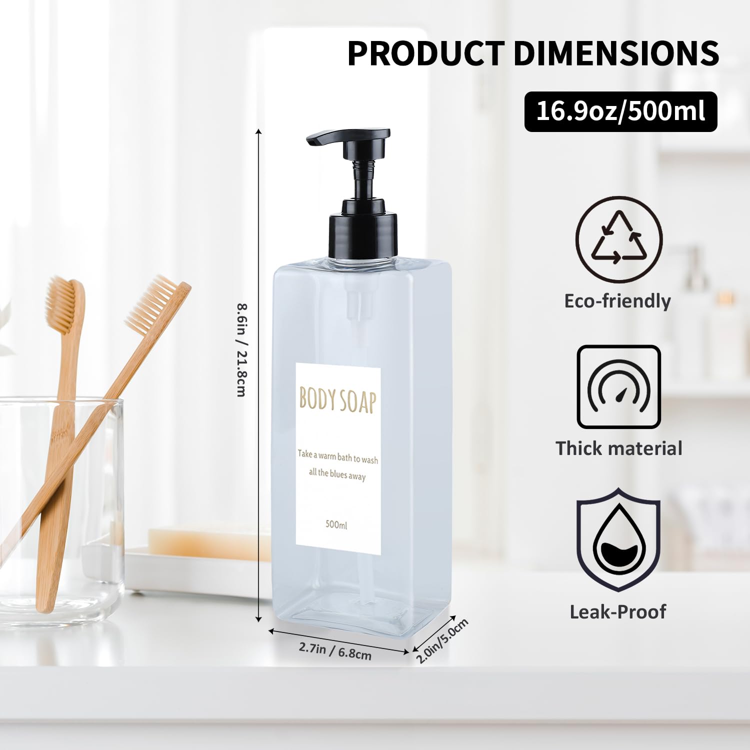 DEROANBOTT Shampoo and Conditioner Dispenser (Set of 2, 16.9oz) Modern Refillable Shampoo Pump Bottles for Shower Soap - Empty Body Wash Dispenser Set for Bathroom (Transparent)