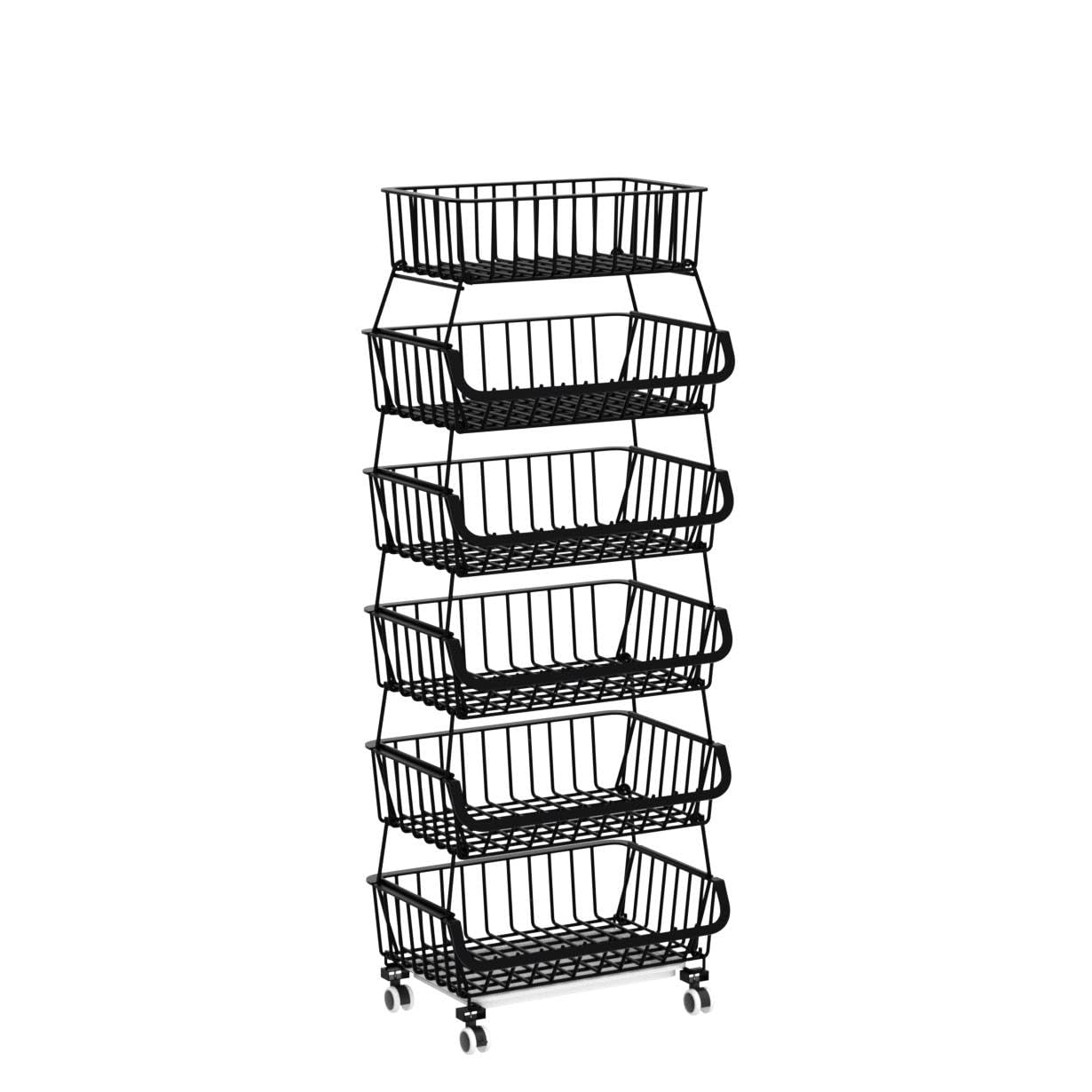 KOLENSA Metal Wire Baskets with Wheels, Stackable Storage Bins Kitchen Organizer Shelf 3-4-5-6 Tier Fruit Vegetable Cart Dishes Seasonal Rack Shelves for Garage, Pantry, Bathroom