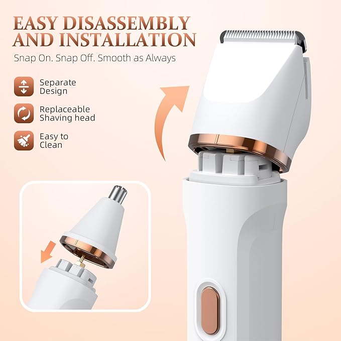 5-in-1 Bikini Trimmer for Women, IPX7 Waterproof Electric Razors Shaver, Cordless Body Hair Trimmer, Facial & Pubic Hair Removal, Ceramic Blade (White)