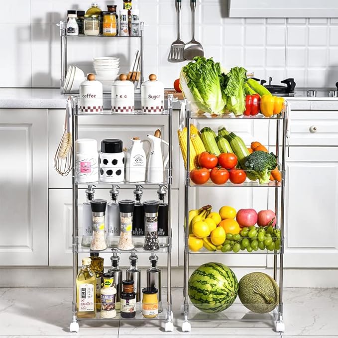 Chris.W Slim Storage Cart 4 Tier with Wheels, Clear Bathroom Cart Organizer, Mobile Shelving Unit Rolling Utility Cart, Slide Out Organizer for Kitchen, Bathroom, Laundry, Narrow Places, Office- 5.2"W