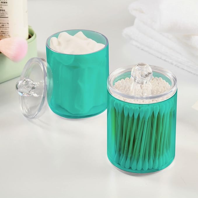 Turquoise Qtip Holder Organizer Dispenser Cotton Swabs Cans Plastic Jars with Lid Set 2 Pack Bathroom Storage Canister for Cotton Ball Floss Cotton Pads
