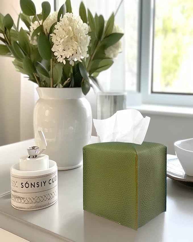 Green Tissue Box Cover Square – with Bottom Belt [JESMINI, ] PU Leather Green Tissue Box Holder Decorative for Bathroom Vanity Countertop/Night Stands/Office Desk, 5x5x5