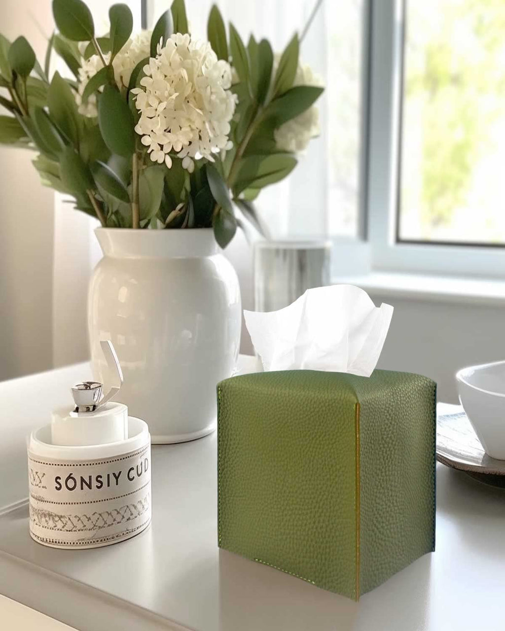 Green Tissue Box Cover Square – with Bottom Belt [JESMINI, ] PU Leather Green Tissue Box Holder Decorative for Bathroom Vanity Countertop/Night Stands/Office Desk, 5x5x5