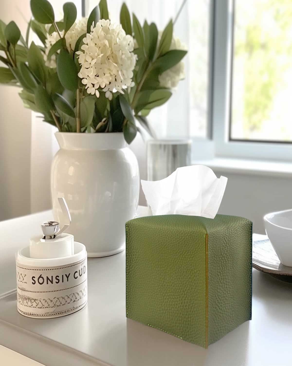 Green Tissue Box Cover Square – with Bottom Belt [JESMINI, ] PU Leather Green Tissue Box Holder Decorative for Bathroom Vanity Countertop/Night Stands/Office Desk, 5x5x5