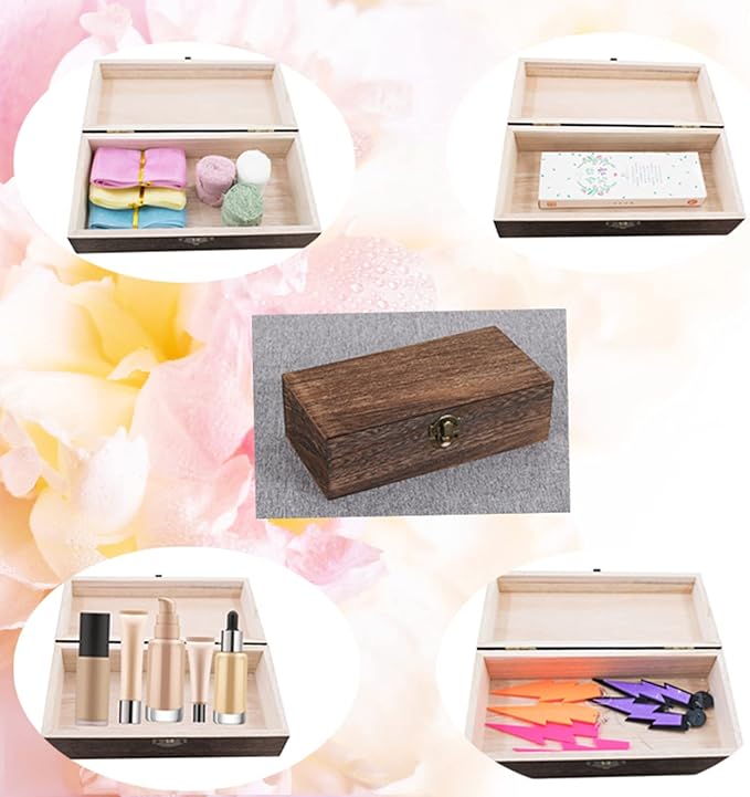 Wood Storage Box with Lid Solid Wood Container Box Decorative Table Large Rectangular Smooth Rustic Style Store Space to Organize Toys Cosmetics Vintage Color 7.87 * 3.93 * 2.36inch, Brown