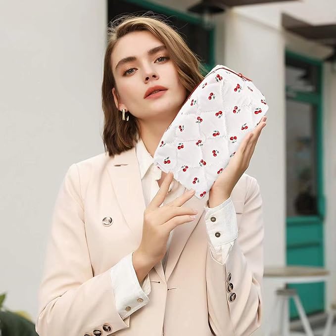 MZLUWM Floral Makeup Bag,Floral Quilted Makeup Pouch,Large Cosmetic Bag,Fashionable Travel Makeup Pouch, Cute Cherry Make up Bag,Puffy Coquette Makeup Bag, Attractive Quilted Make up Bag