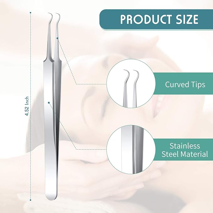 Honoson 3 Pcs Blackhead Tweezer Stainless Steel Pimple Tweezers Tool for Remove Zit Whitehead Pimple Bend Curved Extractor Tweezer Skin Blackhead Remover Tools(Silver)