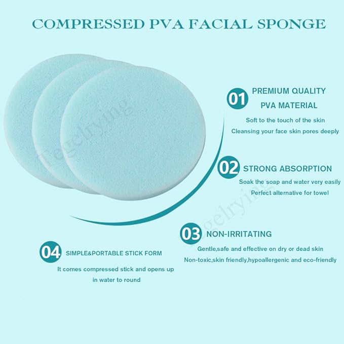 Tegelrying Facial Sponge Compressed,60 Pcs PVA Professional Makeup Removal Wash Round Face Sponges Spa Pads Exfoliating Cleansing for Women,Blue