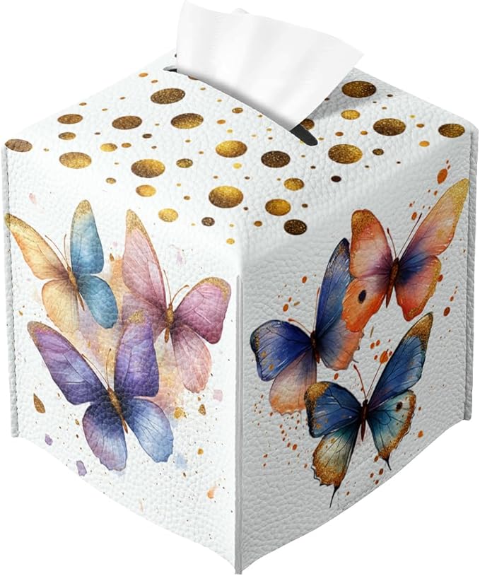 Butterfly Tissue Box Cover Metallic Gold Accents Blue Orange Art Leather Tissue Box Holder Square Facial Paper Organizer Dispenser for Bathroom Kitchen Bedroom Vanity Countertop Night Stands