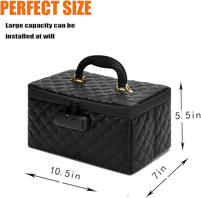 KaAutoler Portable makeup box with Lock, Large Capacity Travel Makeup Case Organizer, Makeup Bags for Girls Traveling With Handle and Divider Makeup Bag (Black)