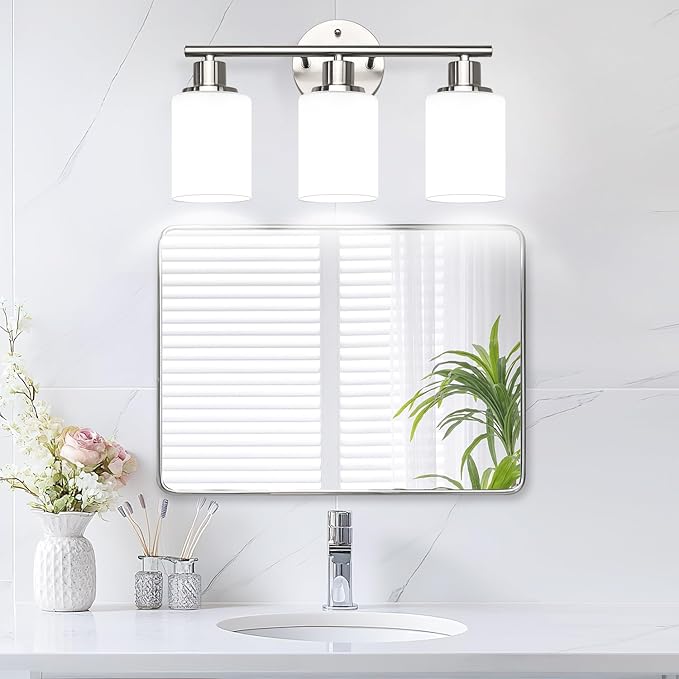 Zarbitta 3-Light Bathroom Light Fixtures, Brushed Nickel Vanity Light, Farmhouse Wall Lights with Milky White Frosted Glass Shades, Bathroom Wall Lamp for Mirror Kitchen Bedroom Hallway Living Room