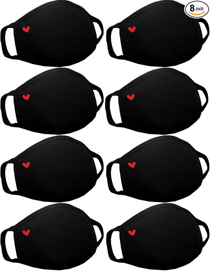 Pack 8 Black Cloth Dust Mouth Mask - Heart Covering All Cotton - Reusable Washable Comfy Breathable Material