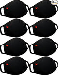 Pack 8 Black Cloth Dust Mouth Mask - Heart Covering All Cotton - Reusable Washable Comfy Breathable Material