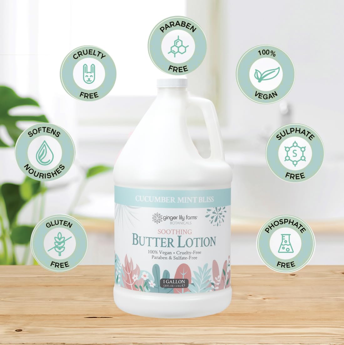 Ginger Lily Farms Botanicals Soothing Butter Lotion for Dry Skin, 100% Vegan & Cruelty-Free, Cucumber Mint Bliss Scent, 1 Gallon (Pack of 4)