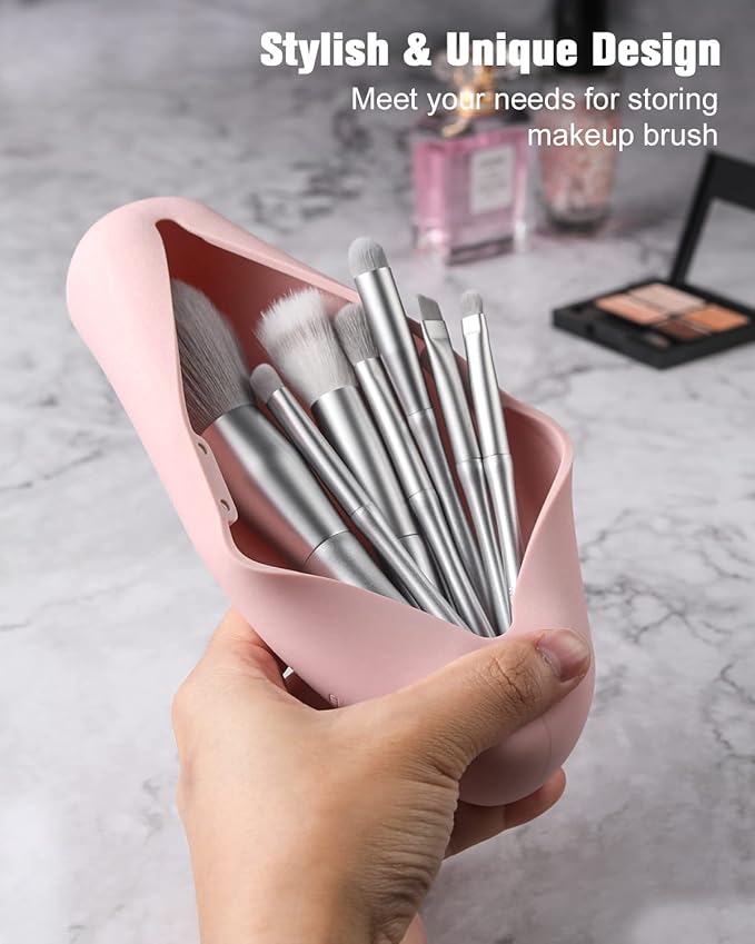 FERYES Travel Makeup Brush Holder, Magnetic Anti-fall Out Silicon Portable Cosmetic Face Brushes Holder, Soft and Sleek Makeup Tools Organizer for Travel-Pink