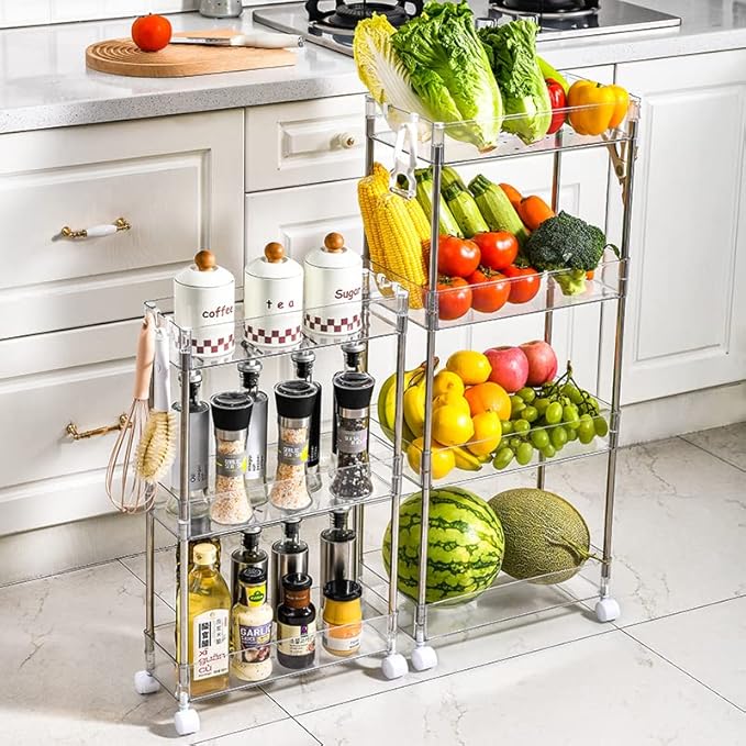 Chris.W Slim Storage Cart 3 Tier with Wheels, Clear Bathroom Cart Organizer, Mobile Shelving Unit Rolling Utility Cart, Slide Out Organizer for Kitchen, Bathroom, Laundry, Narrow Places, Office - 8" W