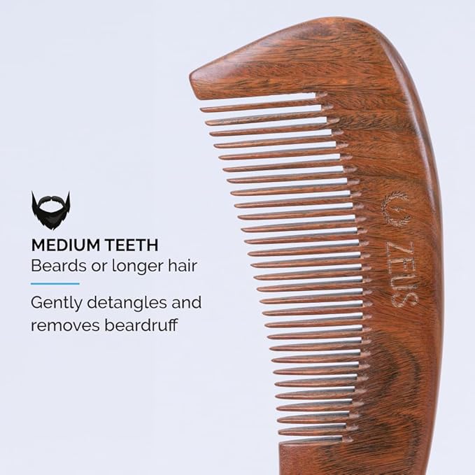 ZEUS Curved Sandalwood Beard Comb for Men in Gift Box with Sheath (M31)
