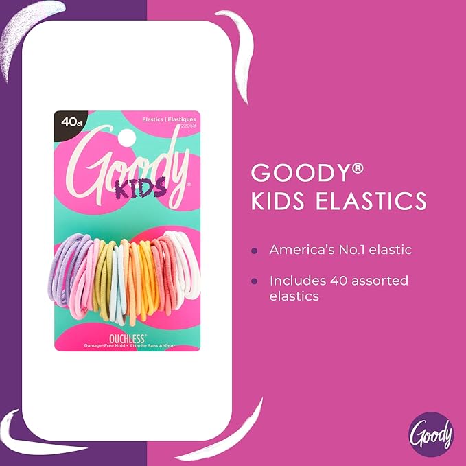 Goody Kids Ouchless Hair Elastics – No Pull, No Breakage, Tangle-Free Hold for Fine Hair – 40 Count, Assorted Colors, Long-Lasting Ponytail Holders for Girls & Boys