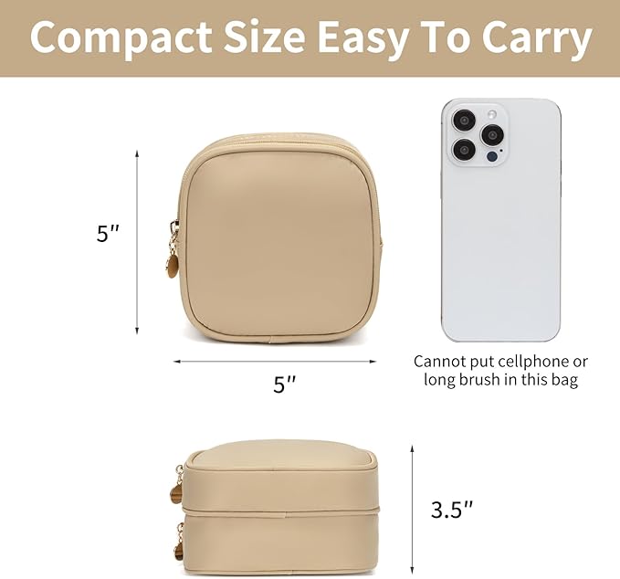 XIAOLER Small Makeup Pouch, Double Zipper Cosmetic Bag, Travel Makeup Bag, Cute Makeup Bag for Purse, Mini Toiletry Bag (Beige)