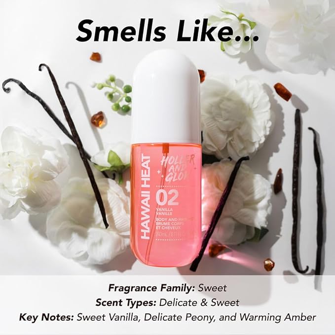Holler And Glow Hawaii Heat Body & Hair Mist, Warm Vanilla, Peony & Amber Scent, Long-Lasting Daily Fragrance, Lightweight, Vegan, Cruelty-Free, Alcohol-Free, Hydrating Hair Perfume, 8.11 Fl Oz