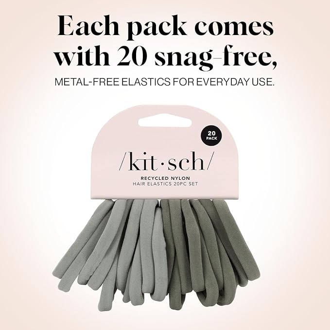 Kitsch Nylon Hair Ties No Damage - Stretchable Hair Bands for Strong All-Day Hold, Ponytail Holders | Hair Accessories for Girls - Eucalyptus, 20 Pcs