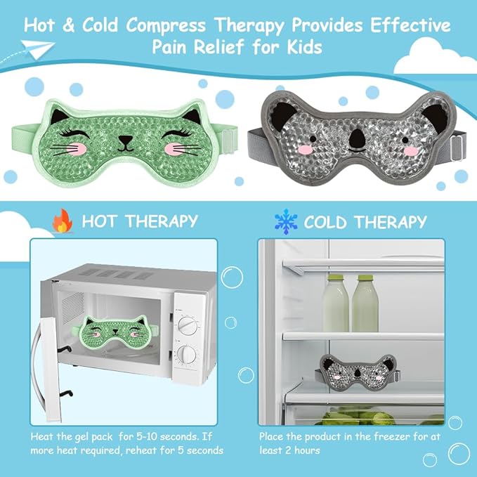 CONBELLA Kids Ice Packs 2 Packs Cooling Eye Mask with Soft Plush Backing for Children Boo Boos Sinus Headache Fever Patch for Kids (Green+Grey)