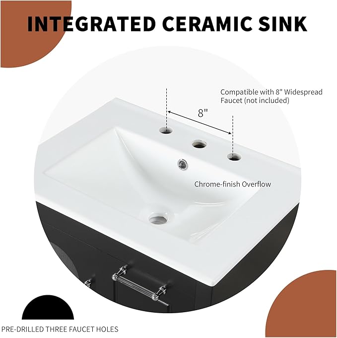 Harper & Bright Designs 24" Bathroom Vanity with Sink, Free Standing Single Basin Vanity Set with Two Drawers and Glass Door, Modern Wooden Bathroom Cabinet with Ceramic Basin for Bathroom, Black