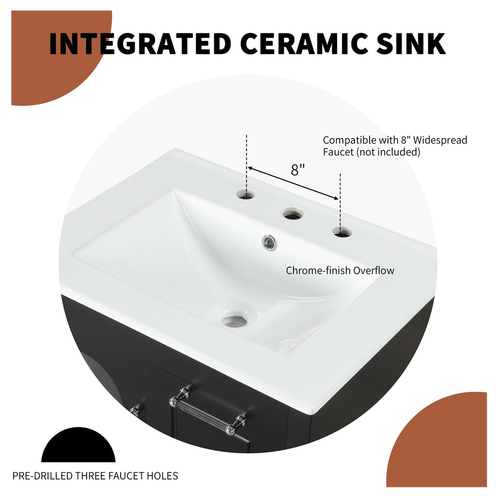 Harper & Bright Designs 24" Bathroom Vanity with Sink, Free Standing Single Basin Vanity Set with Two Drawers and Glass Door, Modern Wooden Bathroom Cabinet with Ceramic Basin for Bathroom, Black