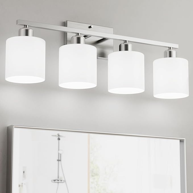 Dekang Bathroom Lights Over Mirror Brushed Nickel, Anti-Rust 4-Light Bathroom Vanity Light Fixtures, Modern 24Inches Wall Sconces E26 Base, Milky White Glass Shades, Bulbs Not Included