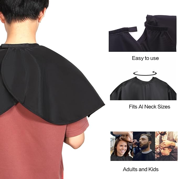 Short Barber Cape, Waterproof Nylon Salon Hair Cutting Cape, Makeup Artist Cape for Hair Dye, Comb-out, Styling, Shampoo (2 Pcs, Black)