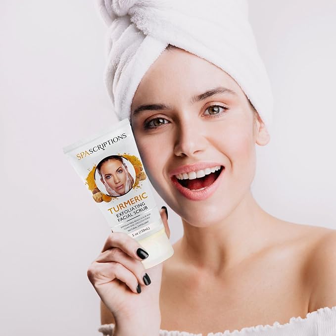 SpaScriptions Turmeric Exfoliating Facial Scrub - Glowing Face Scrub with Natural Exfoliants For Deep Pore Cleansing, Dark Spots, Dull Skin, Blackheads, & Uneven Tone, Ideal for Acne Prone Skin, 5 oz