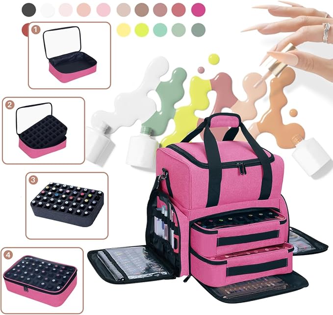 Nail Polish Organizer Case Holds 80 Bottles (15ml - 0.5 fl.oz) and a Nail Lamp,Nail Polish Case with 2 Removable Bags and Tools Storage Sections Rose Red