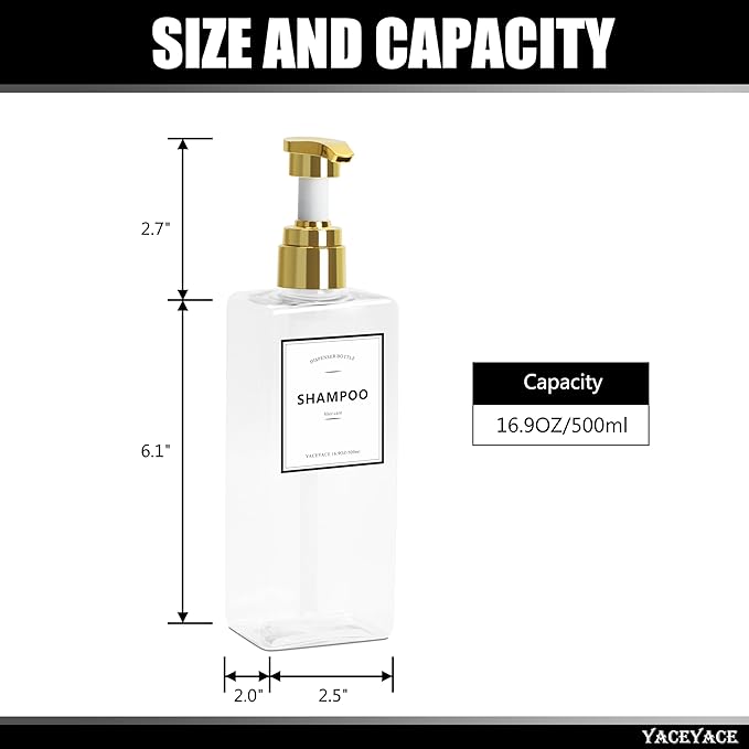 Shampoo Dispenser Bottles with Gold Pump, YACEYACE 16.9oz Set of 3 Clear Shampoo and Conditioner Dispenser, Mordern Shower Bottles Refillable with Labels