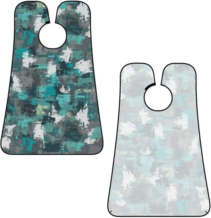 Stretchable Beard Cape, Non-Stick Hair Catcher for Trimming, Waterproof Grooming Apron, Turquoise Grey Abstract Teal Modern Art Painting