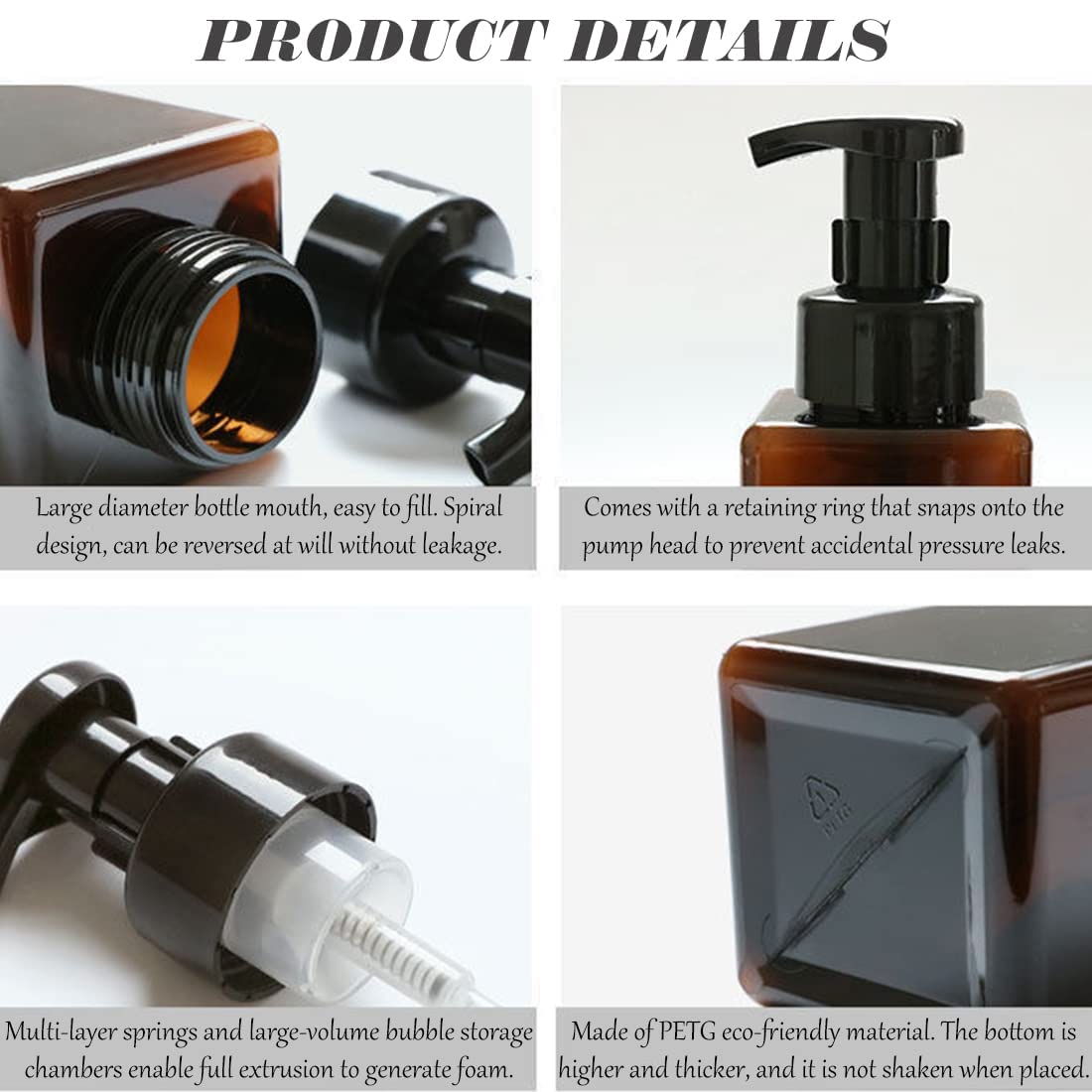 Foaming Soap Dispenser, 450ml(16oz) Refillable Modern Square Pump Bottle for Shampoo, Body Wash, Liquid Soap, PETG Plastic Empty Soap Dispenser for Kitchen, Bathroom, Hospital. 2 Pcs (Brown)
