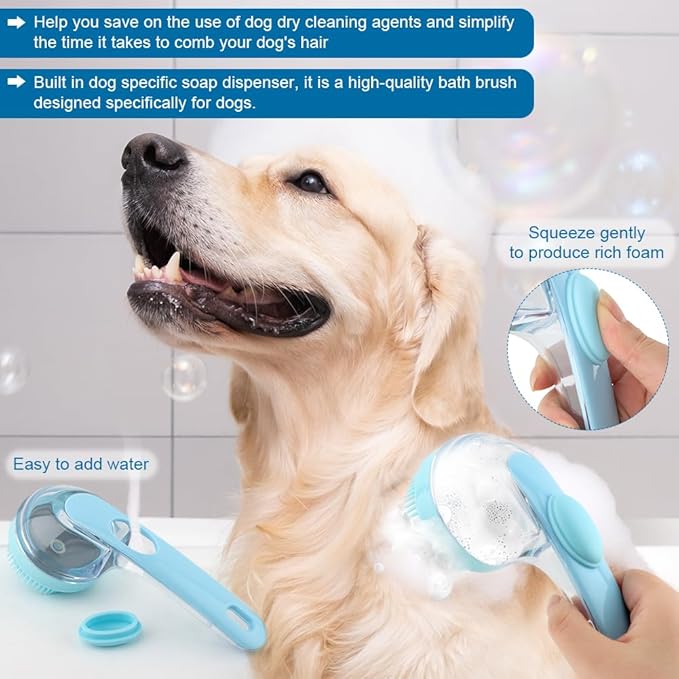 Pet Bath Brush, 2 in 1 Dog Bath Brush with Built-in Shampoo Dispenser, Pet Wash Brush with Double Head Toothbrush, Grooming Massage Brush for Dogs & Cats