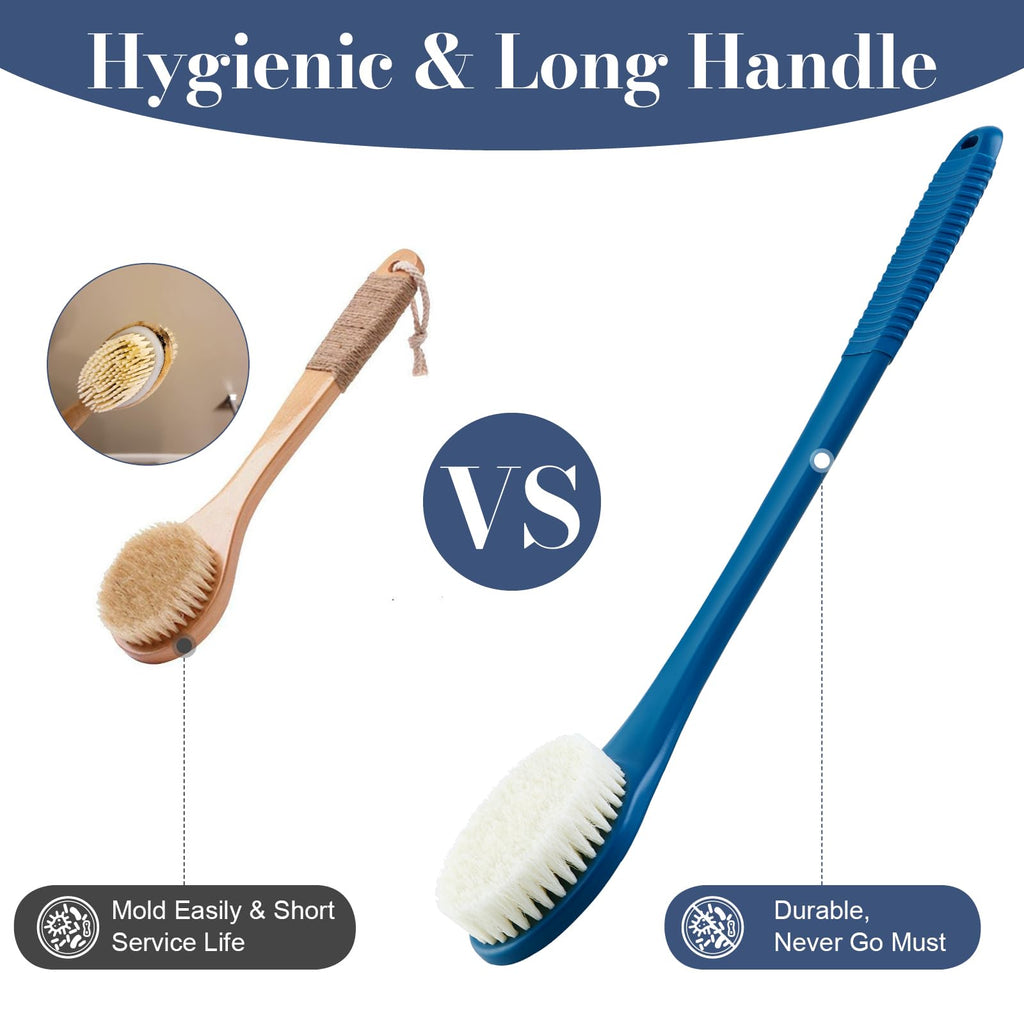 Back Scrubber for Shower, Shower Body Brush for Cleaning with Long Handle for Showering, 17 Inch Back Washer Exfoliator for Shower Men Women with Non-Slip Handle, Adhesive Hook (Navy Blue)