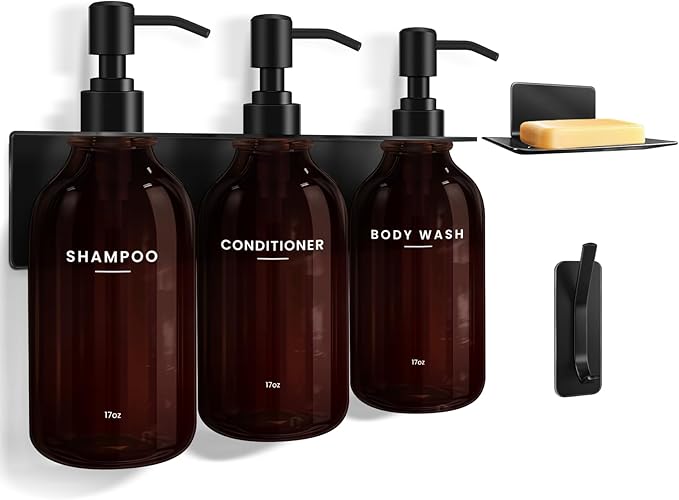 KLL Shampoo and Conditioner Dispenser - Wall Mounted Shower Soap Dispenser - 17oz No-Drill Refillable Plastic Pump Bottles for Bathroom - Includes Soap Dish & Hook (Brown)