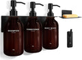 KLL Shampoo and Conditioner Dispenser - Wall Mounted Shower Soap Dispenser - 17oz No-Drill Refillable Plastic Pump Bottles for Bathroom - Includes Soap Dish & Hook (Brown)