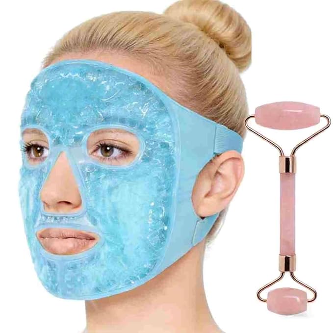 Cold Face Eye Mask Ice Pack Reduce Facial Puff, Dark Circles, Gel Beads Hot Heat Cold Compress Pack, Face SPA for Woman Sleeping, Pressure, Headaches (Blue(jade Roller+face Mask))