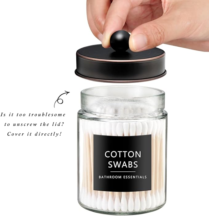 SheeChung 2-Pack Qtip Holder Dispenser-Glass Apothecary Jars with Rust-Proof Stainless Steel Lids-Vintage Rustic Farmhouse Bathroom Vanity Organizer for Cotton Swabs, Balls, Pads(Oil Rubbed Bronze）