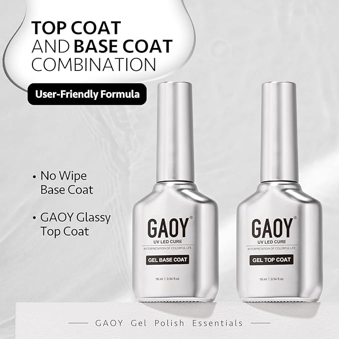 GAOY 16ml 2 Pcs Glassy Gel Top Coat and Base Coat Set,No Wipe Foundation Combination for UV Light Cure Nail Polish