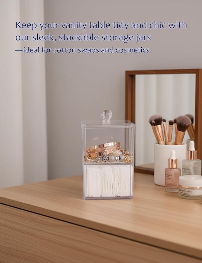 VIPTUVI Cotton Swab Holder with Clear Lid, Double Layer Stackable Apothecary Jar for Bathroom Vanity, Cotton Ball Container & Floss Pick Organizer, Dispenser for Hair Tie & Cotton Rounds.