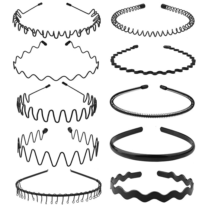 Metal Headband for Men, Adjustable Wavy Hair Band, Classic Wire 10 Pcs