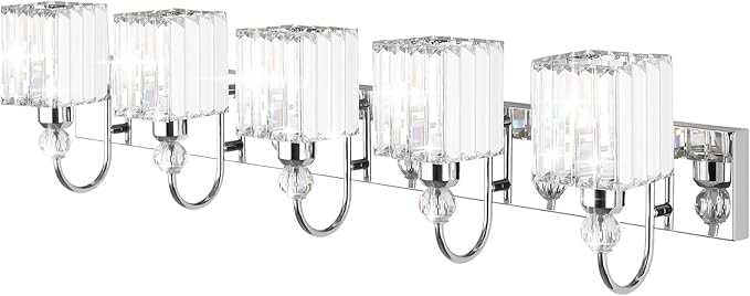 Ralbay Chrome Crystal Vanity Lights 5-Lights 40'' Modern Crystal Bathroom Light Fixtures Modern Crystal Vanity Lighting Over Long Mirror Bathroom Wall Lighting Fixtures
