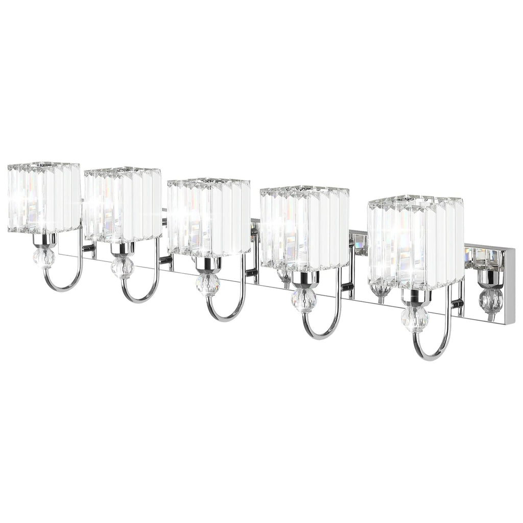 Ralbay Chrome Crystal Vanity Lights 5-Lights 40'' Modern Crystal Bathroom Light Fixtures Modern Crystal Vanity Lighting Over Long Mirror Bathroom Wall Lighting Fixtures