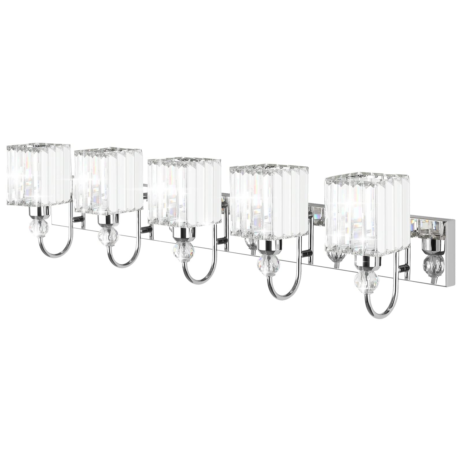 Ralbay Chrome Crystal Vanity Lights 5-Lights 40'' Modern Crystal Bathroom Light Fixtures Modern Crystal Vanity Lighting Over Long Mirror Bathroom Wall Lighting Fixtures