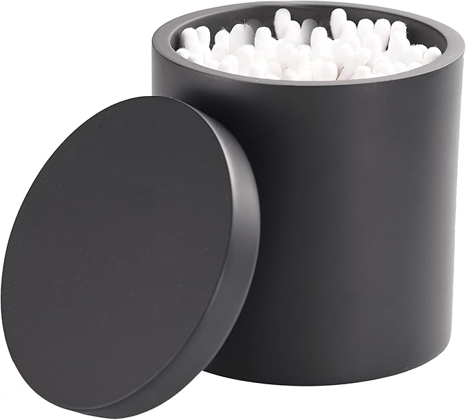 Joitsvia Cotton Swab Holder, Qtip Holder Dispenser with Lid, Resin Bathroom Containers,Vanity Storage Jars Organizer for Cotton Ball, Floss, Bath Salts, Bathroom Accessories, Matte Black