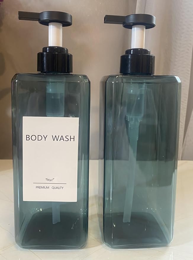 Abriclo Shampoo and Conditioner Dispensers 25OZ Refillable Large Shower Bottles 2Pack Hand Soap Dish Soap Dispenser with Waterproof Labels Square Pump Bottle for Bathroom and Kitchen- Blue, 750ml