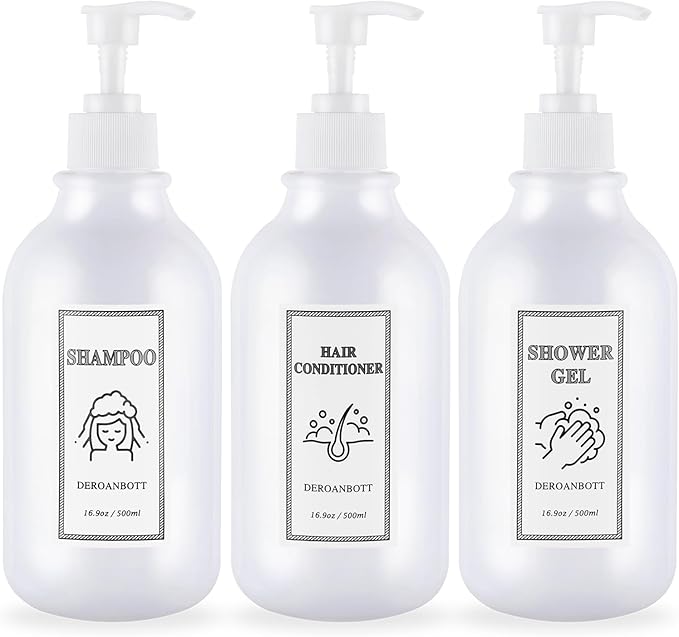 DEROANBOTT Shampoo and Conditioner Dispenser, Refillable Plastic Shampoo Pump Bottles with Waterproof Labels, Empty Body Wash Dispenser Set for Bathroom, Shower Soap Bottles (White)